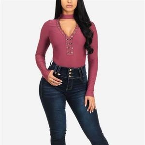 Mauve V neck lace up choker bodysuit